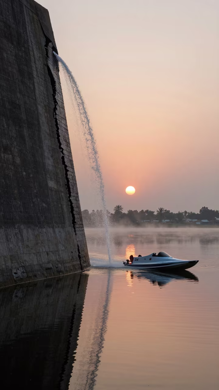 Speedboat Waterfall Surreal Sunset Lake in along a switchback approach near Dera Ismail Khan