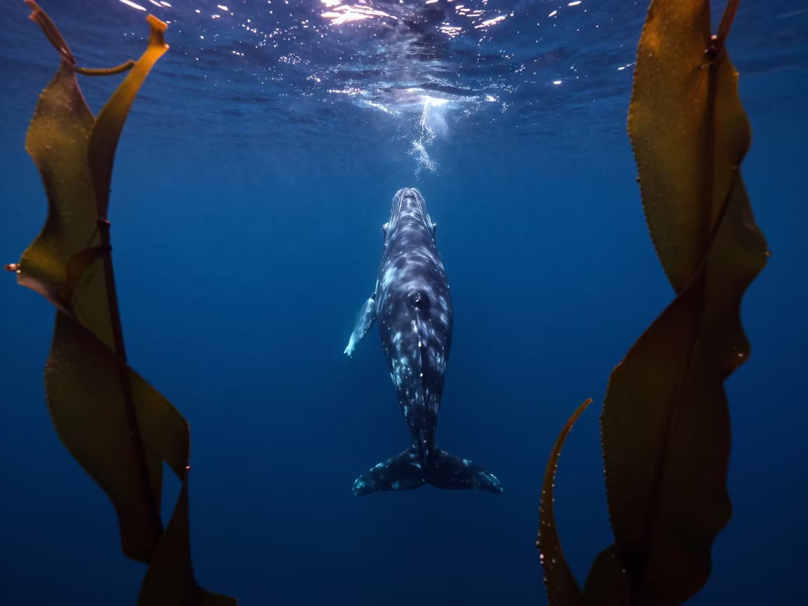Sperm Whale Descending Through Greek Kelp Forest in through a forest of kelp fronds in Greece