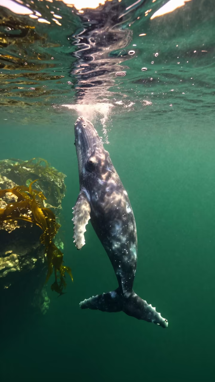 Sperm Whale Diving Near Barcelona Kelp Shelf in along a kelp-fringed shelf near El Born, Barcelona