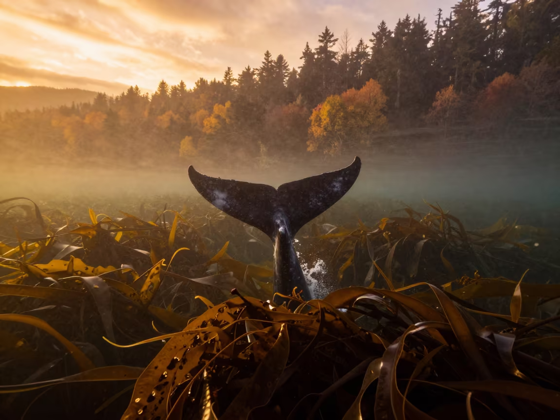 Sperm Whale Tail Diving Through Kelp Forest in through a forest of kelp fronds in British Columbia