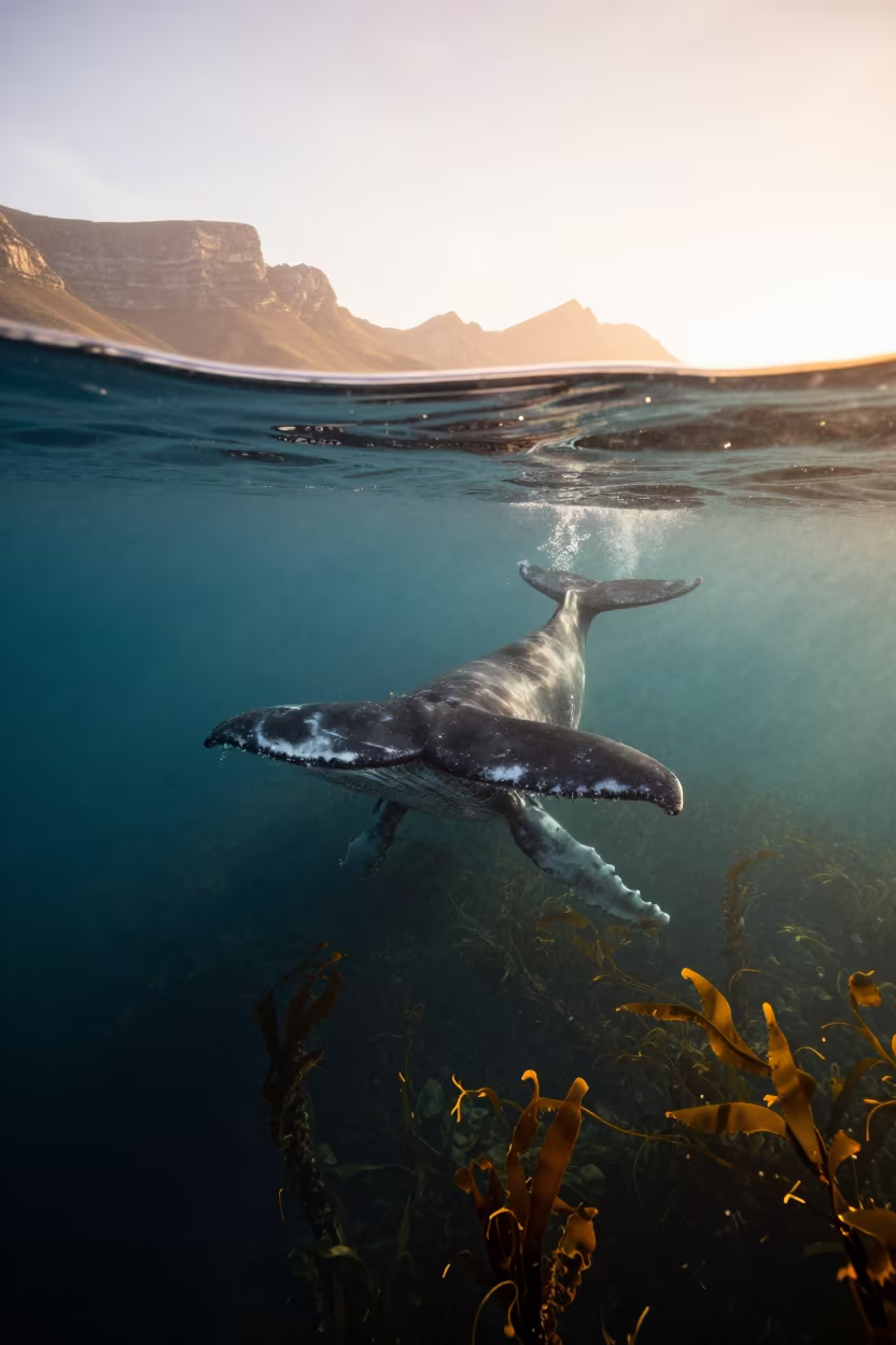 Sperm Whale Tail Rising at Sunset Near Cape Town in along a kelp-fringed shelf near Cape Town