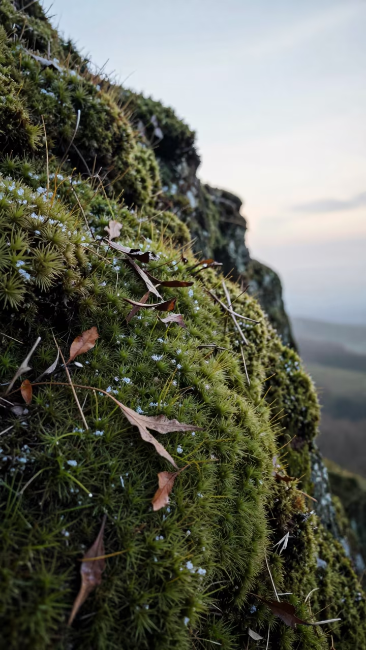 Sphagnum Moss Carpet Along Bordeaux Cliff Edge in along a salt-sprayed cliff edge near Bordeaux