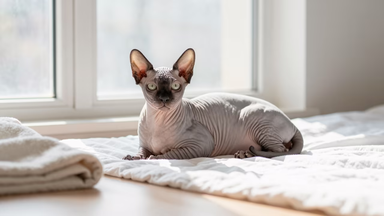 Sphynx Cat Lounging on Bedspread Near Window in on a bedspread near a bright window with calm indoor light in Kunming