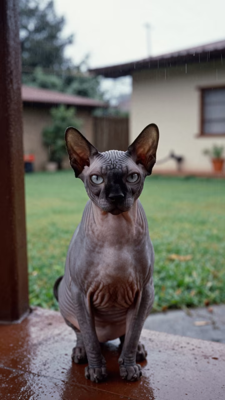 Sphynx Cat on Shaded Porch in Santa Cruz de la Sierra in in a small yard with clipped grass, calm light, and the animal centered in frame in Santa Cruz de la Sierra