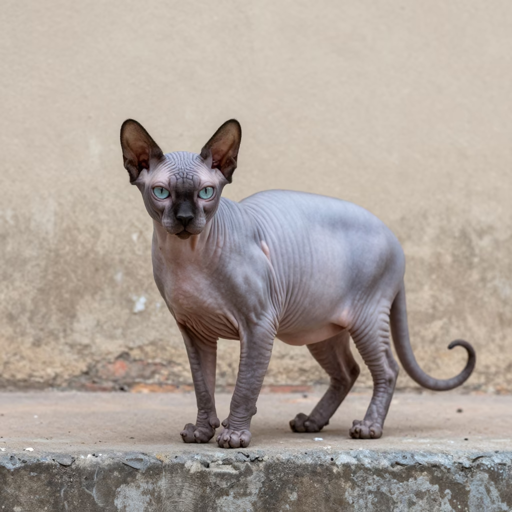 Sphynx Cat Portrait Beside Tuni Courtyard Wall in beside a plain courtyard wall in clear daylight with the animal at eye level near Tuni