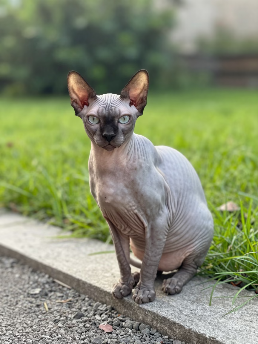 Sphynx Cat Portrait on Bujumbura Garden Edge in near a garden edge with soft morning light and an uncluttered background in Bujumbura