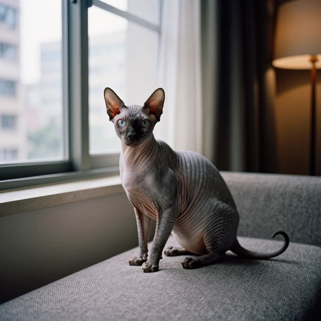 Sphynx Cat Portrait on Sofa Near Window in on a sofa near a curtained window with calm indoor light near Shenzhen