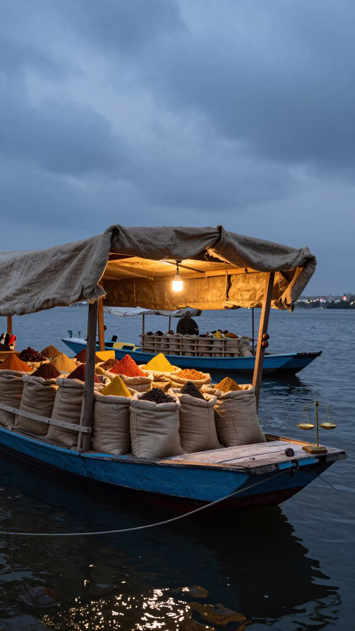 Spice Cart Under Tarpaulin at Kazan Market in at a floating market boat in Kazan