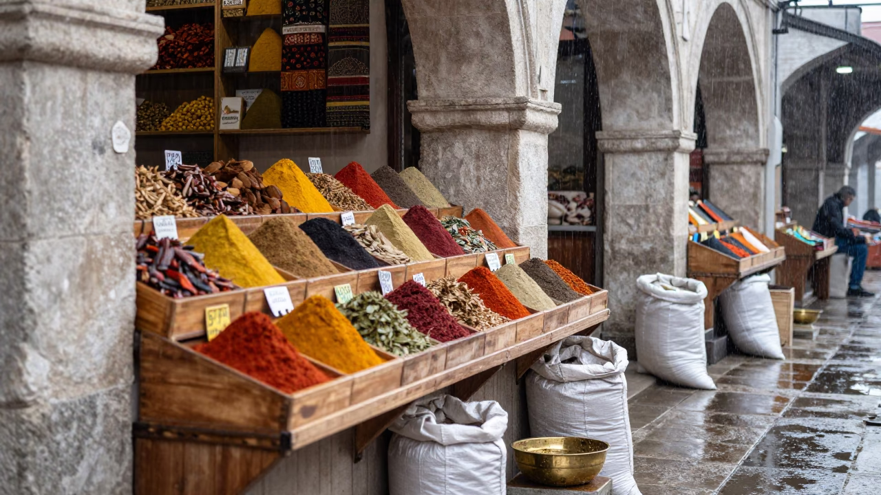 Spice Counter Dawn Light Daşoguz Market in at a textile trader's stall in Daşoguz