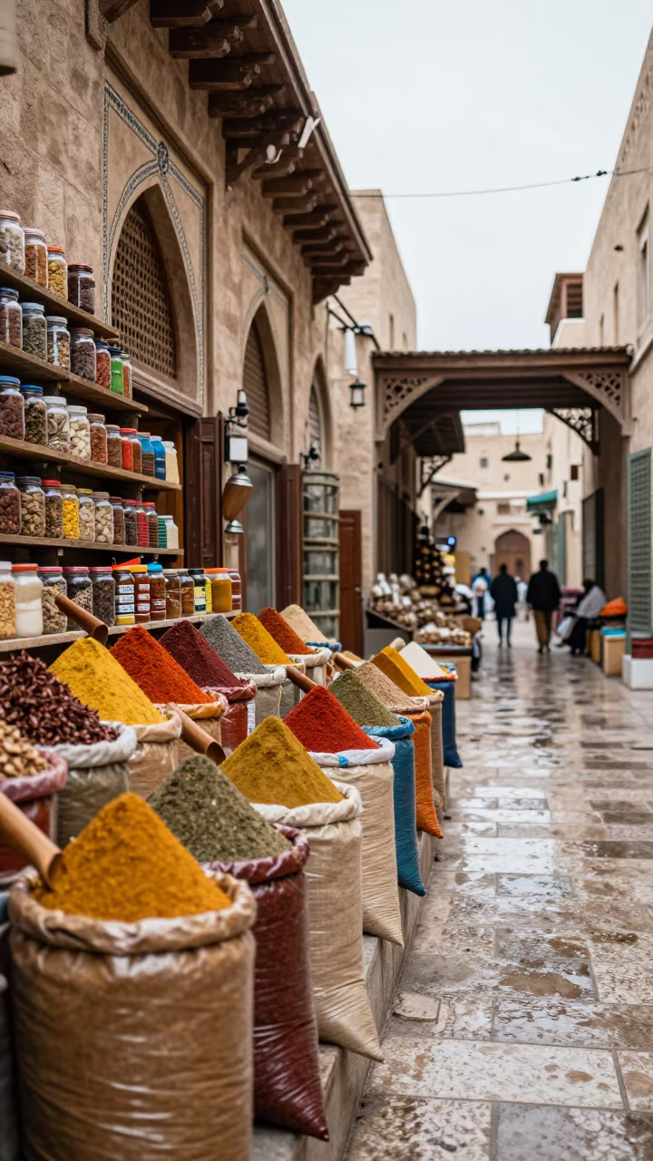 Spice Counter Storm Light Bazaar in in a covered bazaar aisle in Al-Hajar al-Aswad