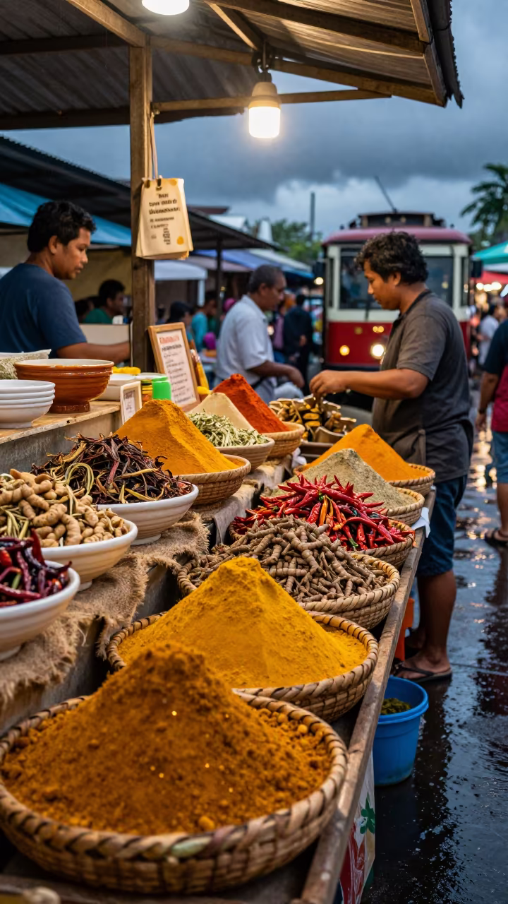 Spice Counter Tram Stop Storm Evening in at a market stall in Lombok