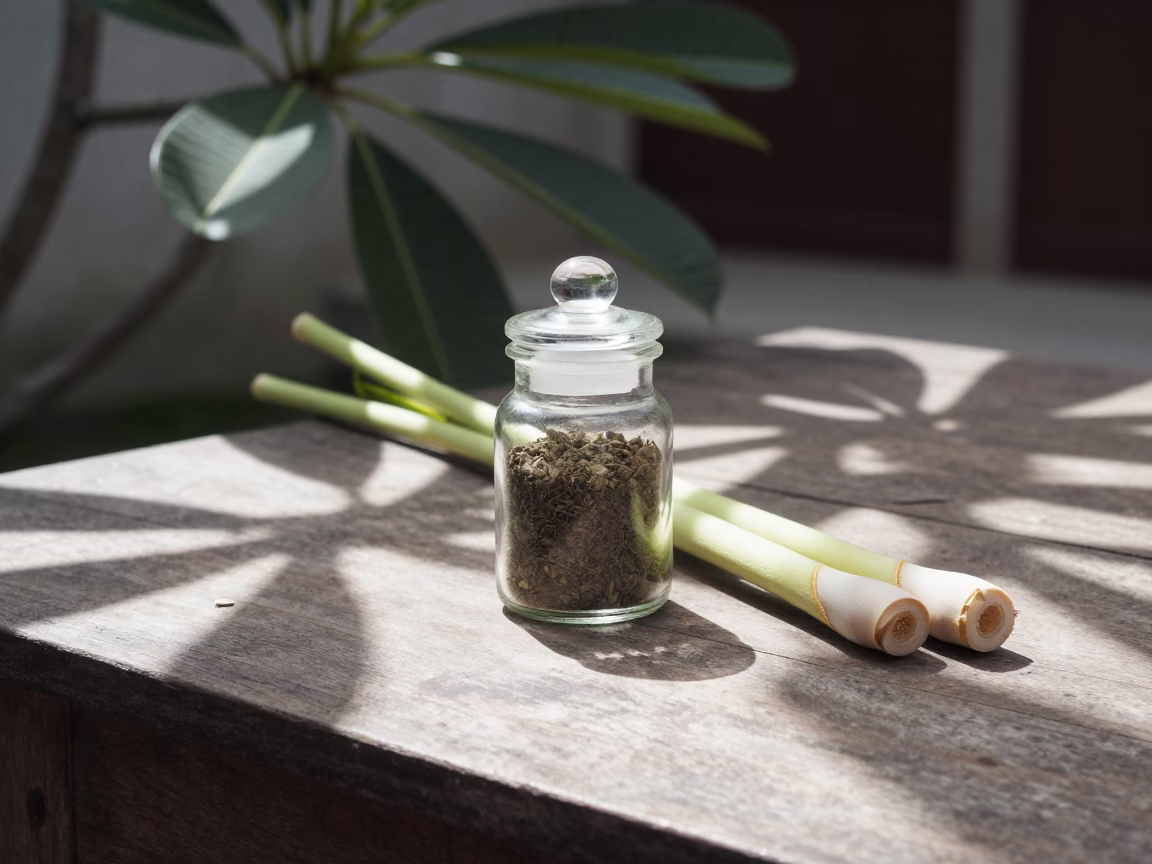 Spice Jar and Lemongrass on Wooden Table in Denpasar Indonesia Afternoon in in Denpasar, Indonesia
