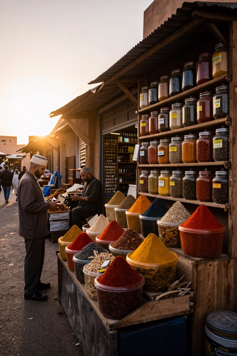 Spice Jars in Marrakech Souk at Sunset with Local Vendor in in Marrakech, Morocco
