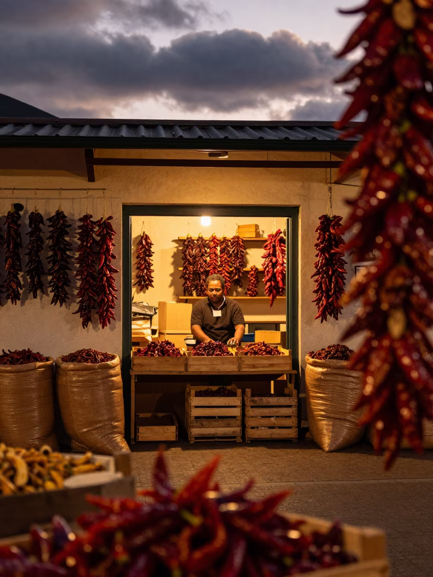 Spice Market Entrance with Dried Pepper Sacks at Dusk in at a spice vendor's table in Stellenbosch