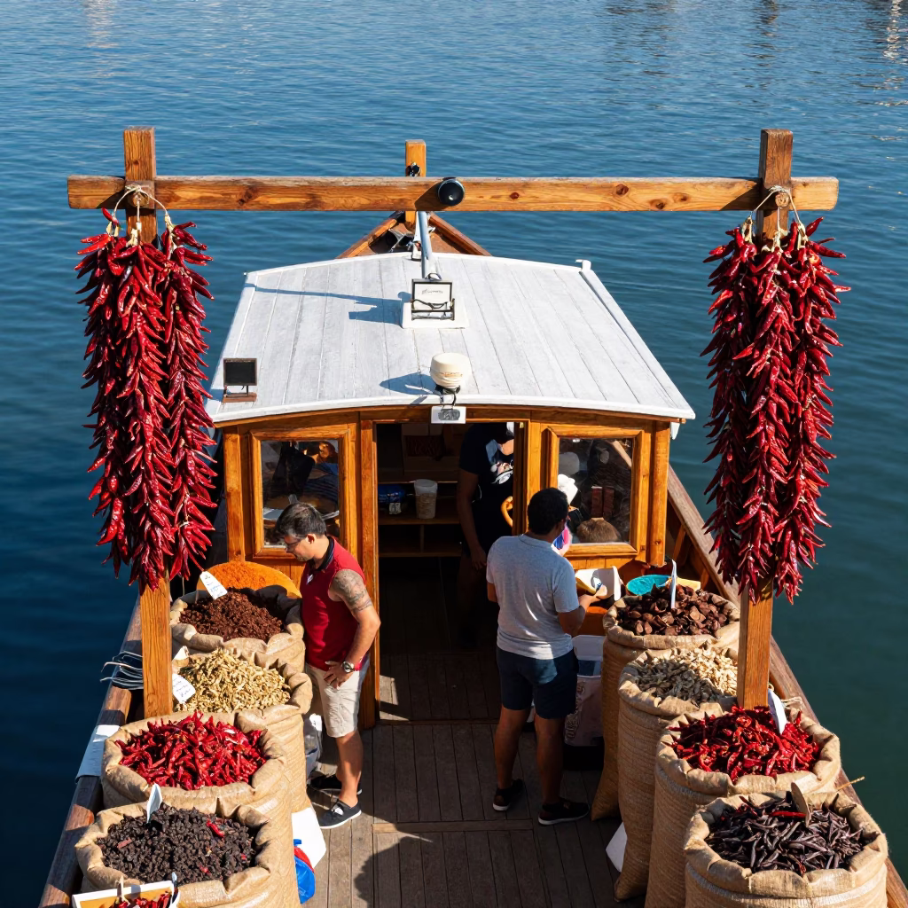 Spice Market Entrance Framed by Dried Pepper Sacks in at a floating market boat in Boston