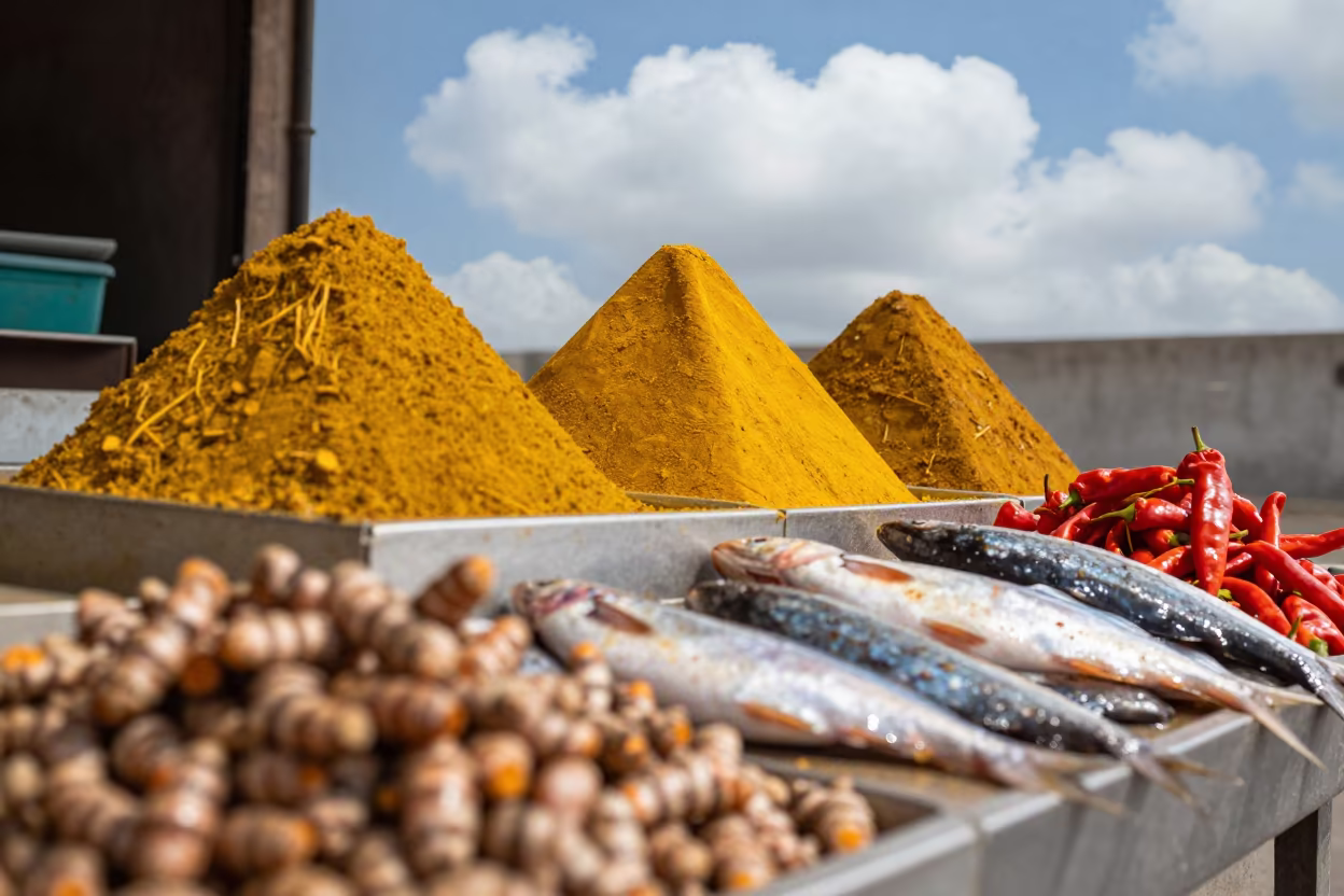 Spice Market Stall Turmeric Paprika Jalandhar in beside a fish counter in Jalandhar