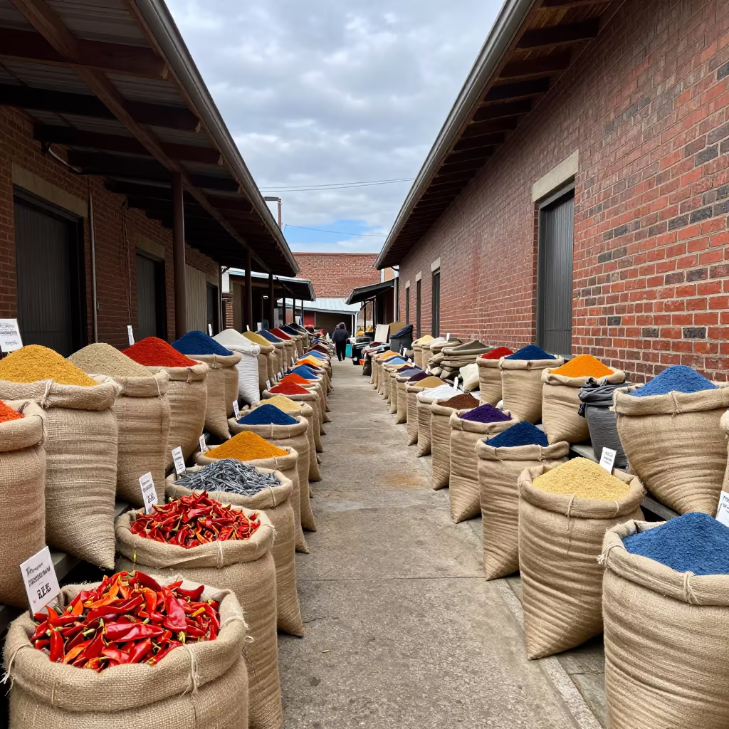Spice Market Wall of Sacks in Philadelphia Bazaar in in a covered bazaar aisle in Northern Liberties, Philadelphia