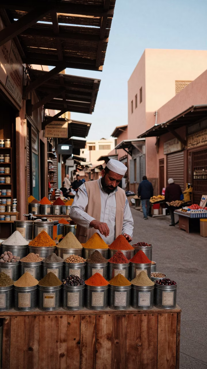 Spice merchant arranging tins in Marrakech souk late afternoon light in in Marrakech, Morocco