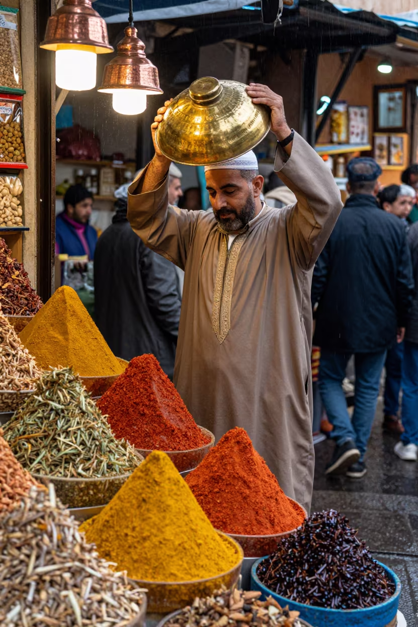 Spice Merchant Lifting Brass Lid at Fez Market in at a roadside fruit stand in Fez el-Jdid, Fez