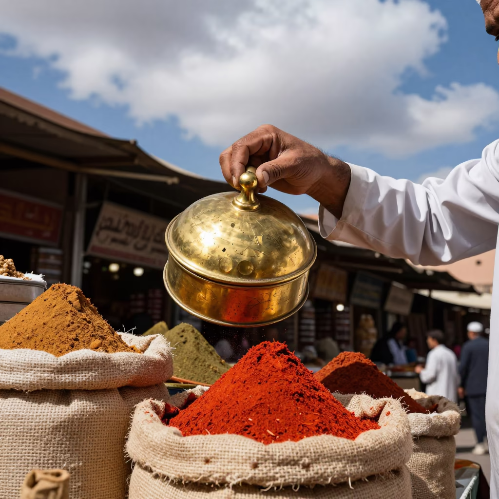 Spice Merchant Lifting Brass Lid in Marrakech Souk in under a market canopy in Medina, Marrakech