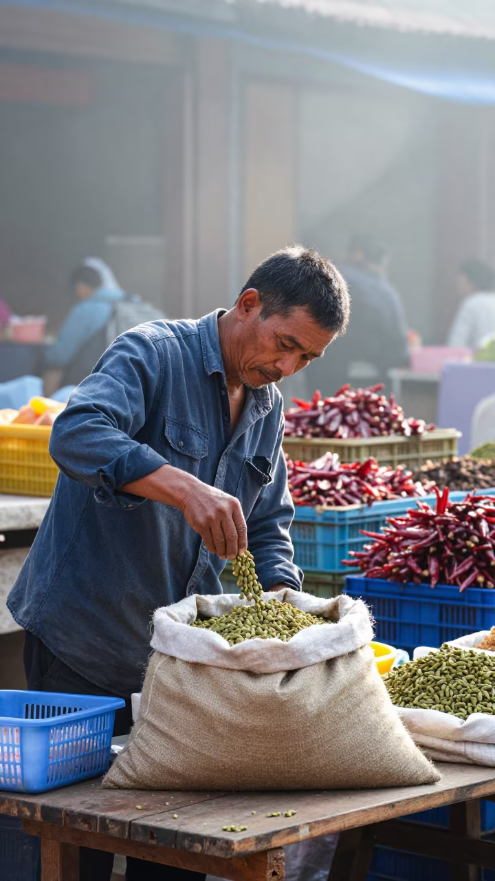 Spice Merchant Scooping Cardamom in Kunming Dawn in at a spice vendor's table in Kunming