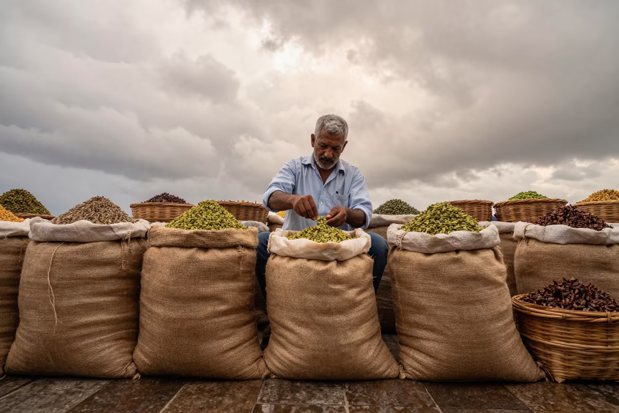 Spice Merchant Scooping Cardamom in Manzanillo Bazaar in in a covered bazaar aisle in Manzanillo