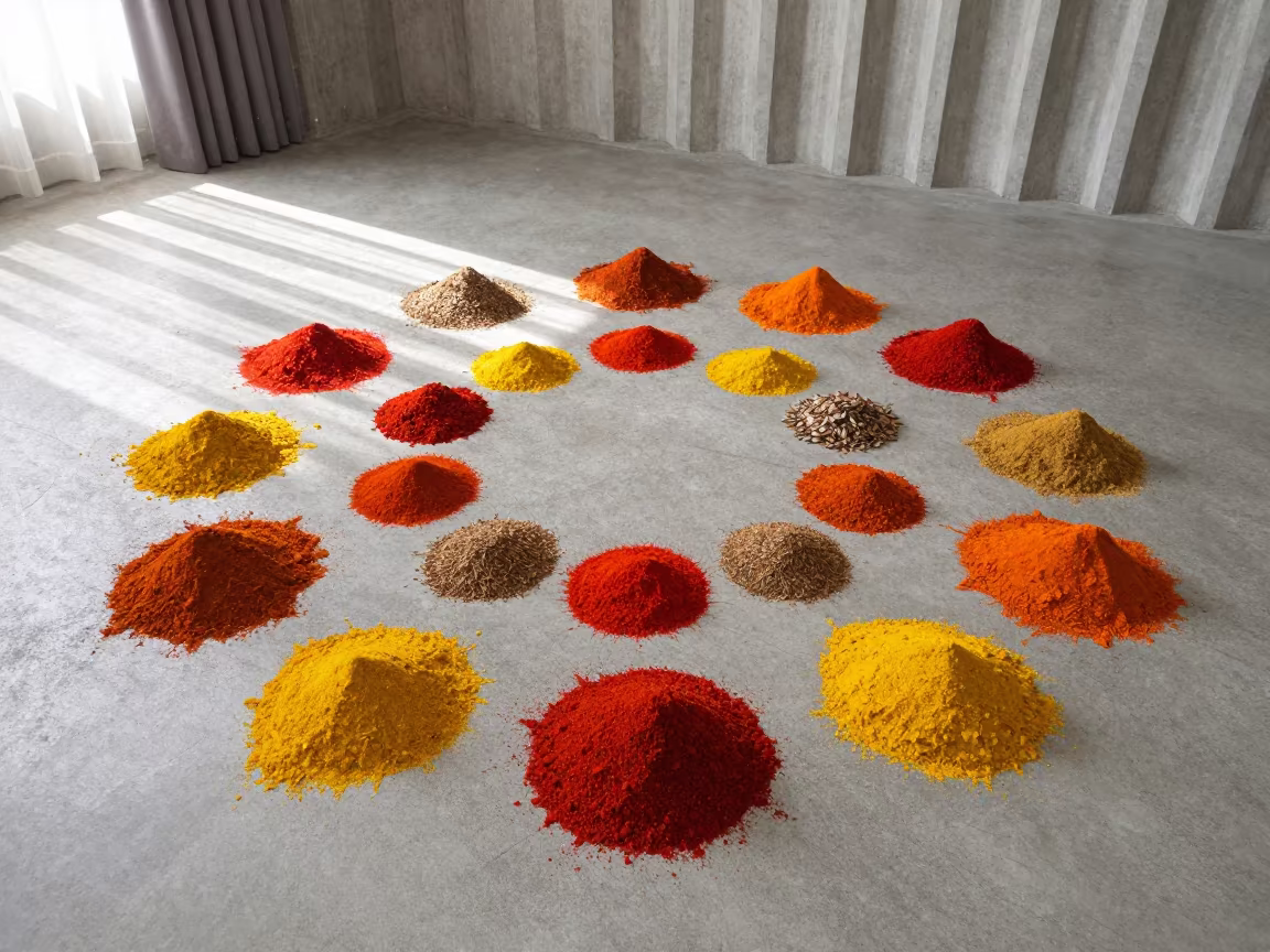 Spice Powder Circles in Sharjah Lobby Dawn Light in inside a ribbed concrete lobby in Sharjah