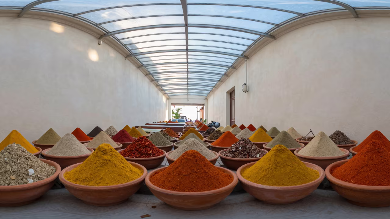Spice Powders in Terracotta Bowls Market in inside a glass-roofed arcade in Campo Grande