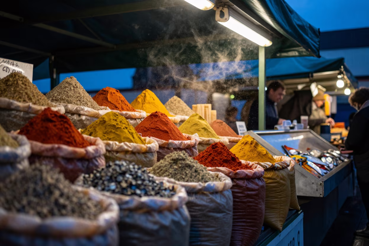 Spice Sacks Blue Hour Leeds Market Stall in beside a fish counter in Leeds