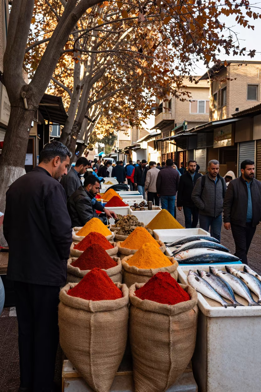 Spice Sacks and Fish Counter Mashhad Winter in beside a fish counter in Mashhad