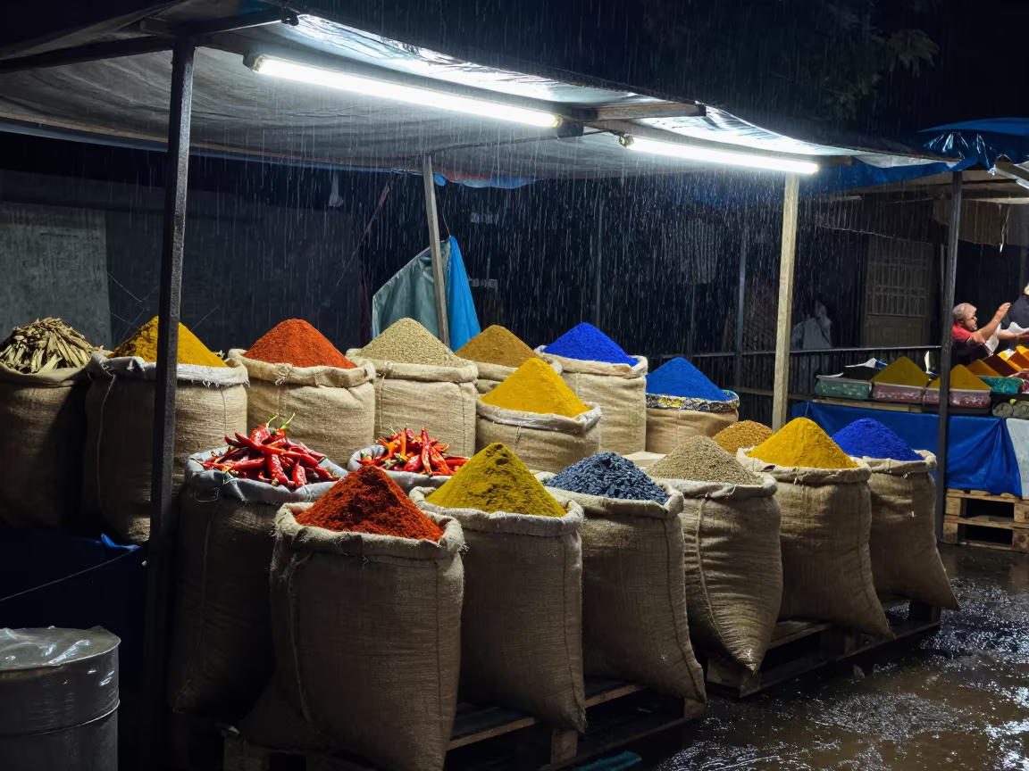 Spice sacks under night market lights in under a market canopy in Mymensingh