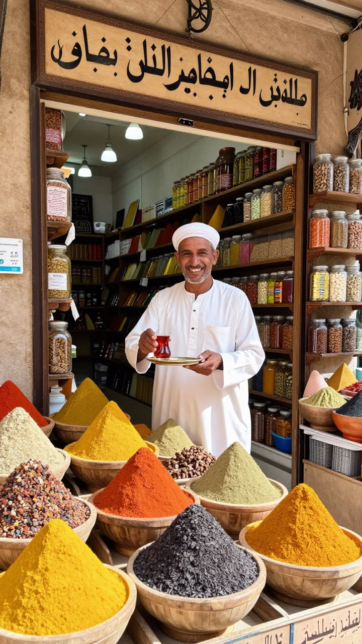 Spice Shop at Bright Midmorning Light in Fez in in Fez, Morocco