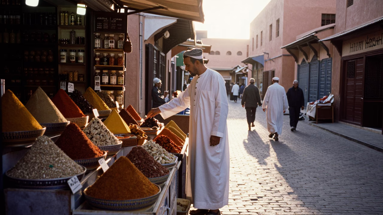 Spice Stall in Marrakech at As First Light Reaches The Scene in in Marrakech, Morocco