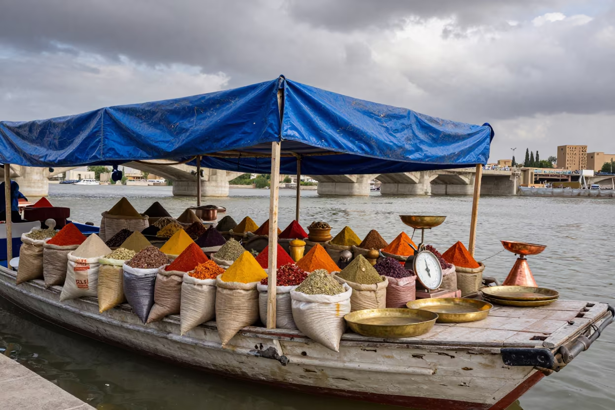 Spice Stall Under Tarpaulin at Floating Market in at a floating market boat in Tabiat Bridge, Tehran