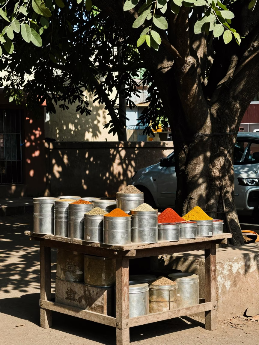 Spice tins and tree shade on Delhi street in bright midmorning light realistic photograph in in Delhi, India