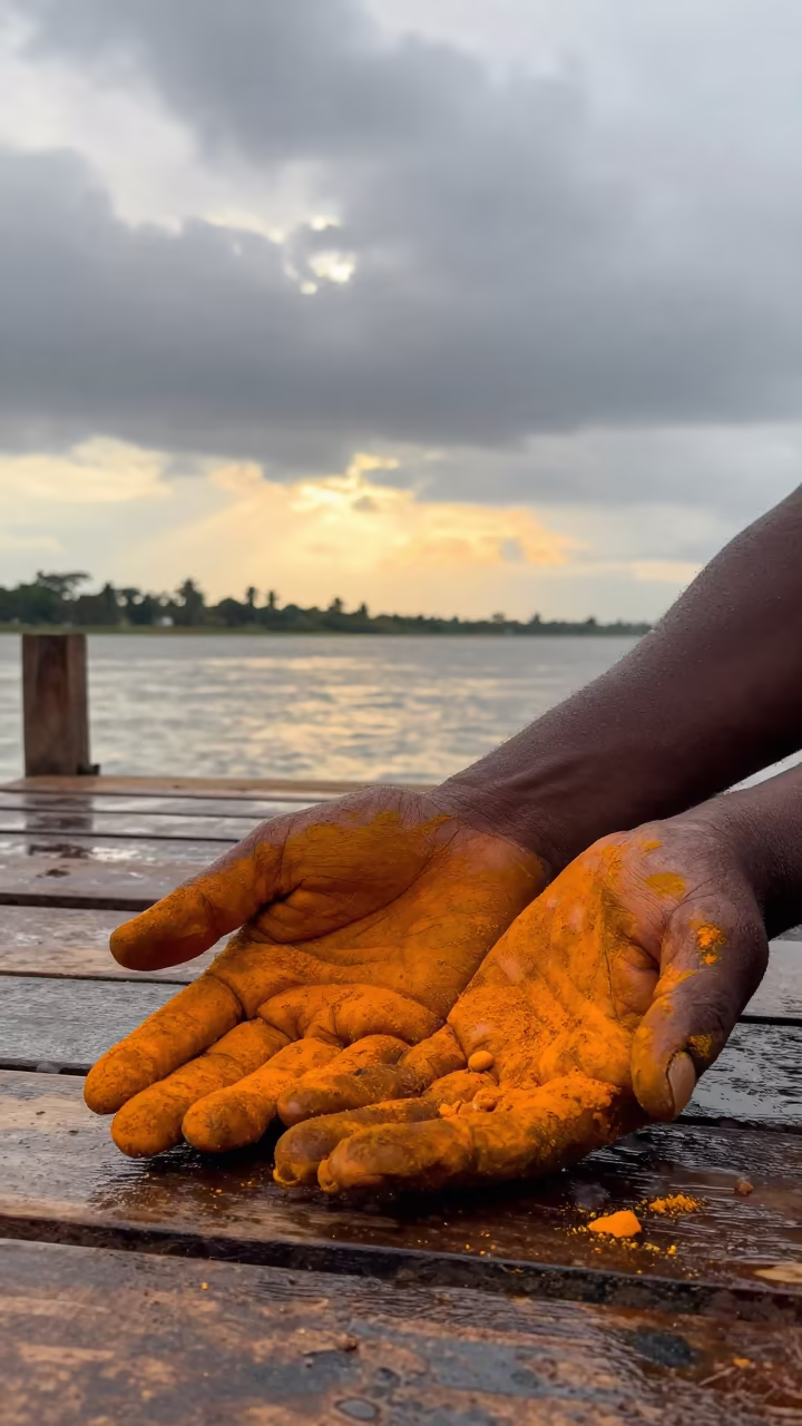 Spice Trader with Turmeric Stained Fingers at Sunset in near a riverside landing in Kisumu