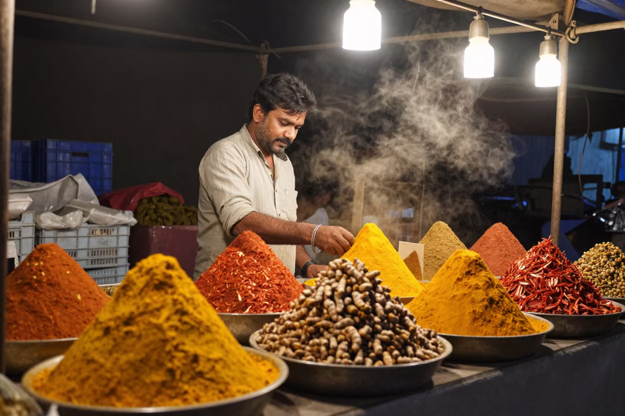 Spice Vendor at Delhi Flower Auction Night in at a flower auction bench in Delhi