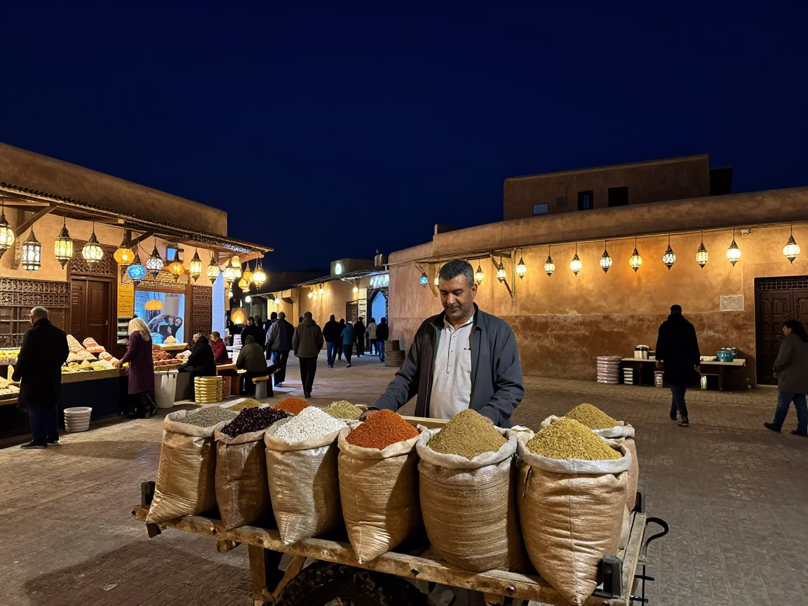 Spice Vendor in Fez at The Deepest Night Sky Light in in Fez, Morocco