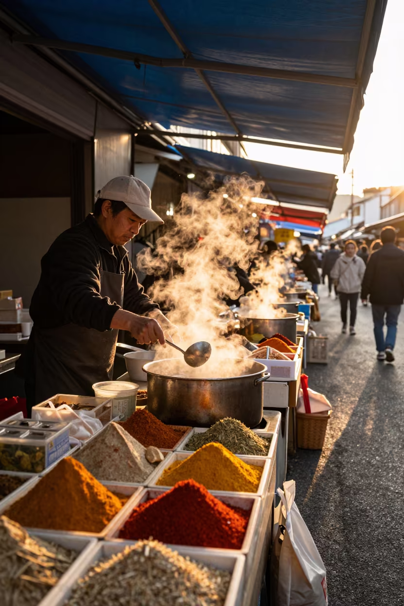 Spice Vendor Ladling Pho in Kamakura Market in at a spice vendor's table in Kamakura
