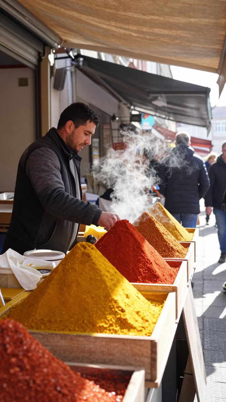 Spice Vendor Pyramids Turmeric Paprika Bazaar in in a covered bazaar aisle in Poznan