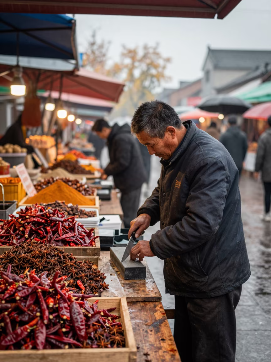 Spice Vendor Sharpening Knife at Dawn in Anyang in at a spice vendor's table in Anyang