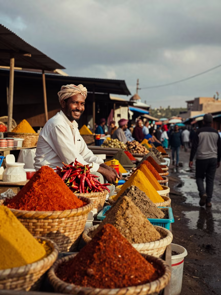 Spice Vendor Smile Reflected Light Merca Market in at a spice vendor's table in Merca