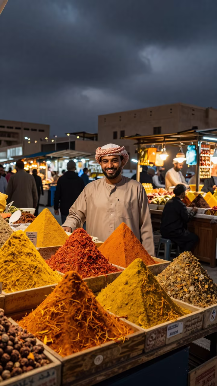 Spice Vendor Smiling Under Firelight in at a spice vendor's table in Gold Souk, Dubai