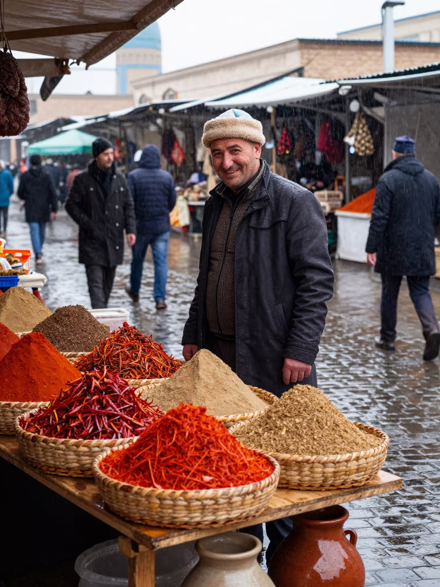 Spice Vendor Smiling in Winter Drizzle Namangan in at a spice vendor's table in Namangan