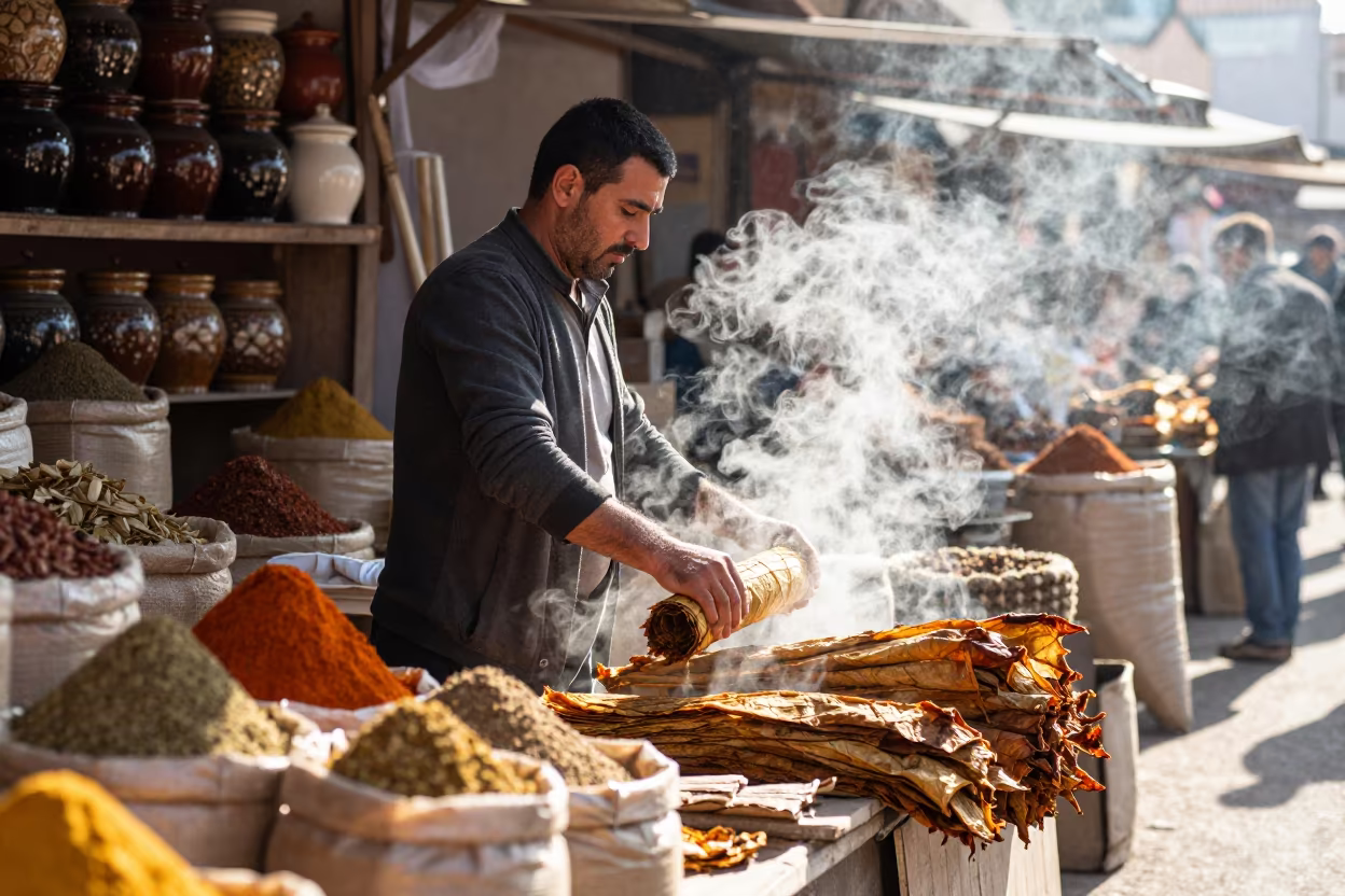Spice Vendor Steam in Çorum Morning Market in at a spice vendor's table in Çorum
