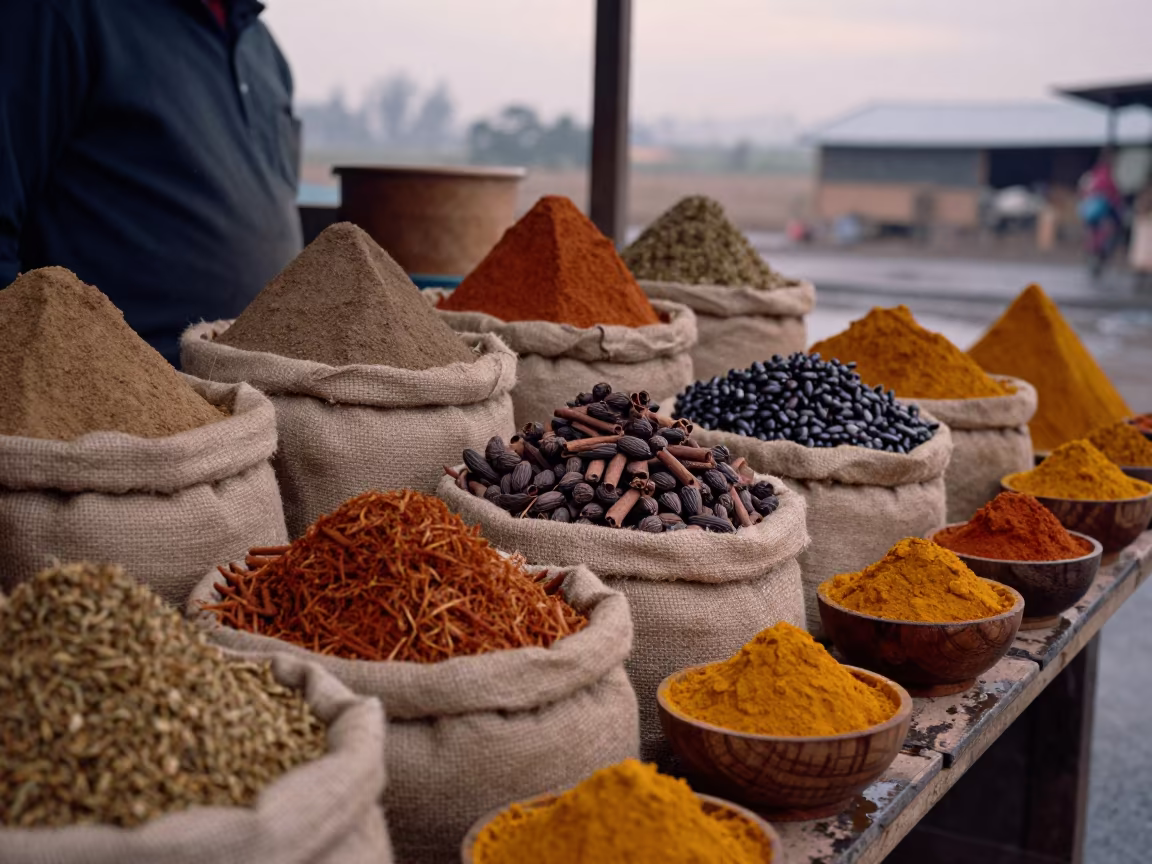 Spice Vendor Table at Dawn in at a spice vendor's table in Victoria