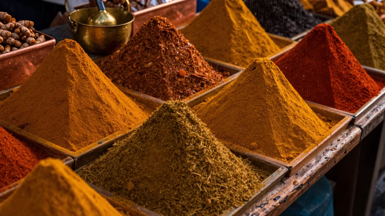Spice Vendor Table Nabatieh Market Piled Powders in at a spice vendor's table in Nabatieh