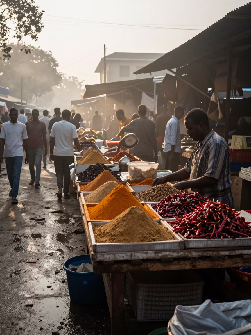 Spice Vendor Table at Pretoria Dawn Mist in at a spice vendor's table in Pretoria