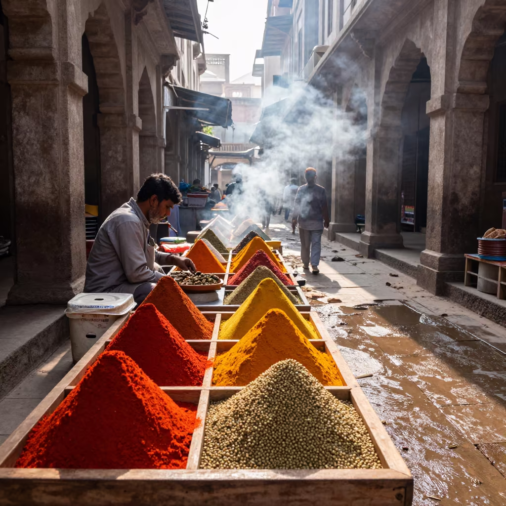 Spice Vendor Table Under Stone Arcade Rajshahi in at a spice vendor's table in Rajshahi