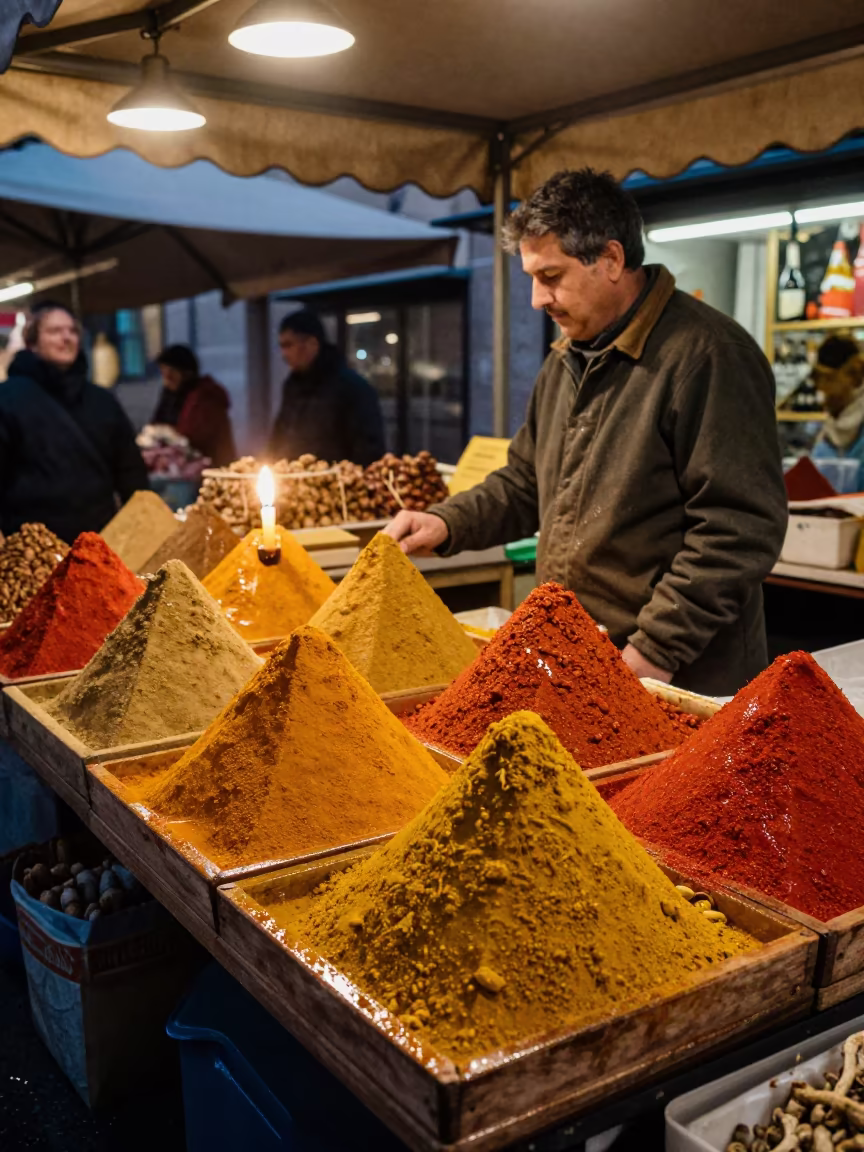 Spice Vendor Turmeric Paprika Midnight Modena in at a flower auction bench in Modena